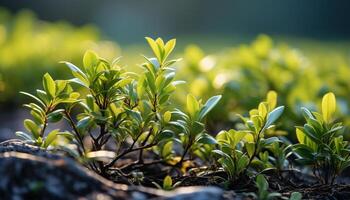 ai gegenereerd vers groen bladeren toenemen in de buitenshuis, symboliseert nieuw leven gegenereerd door ai foto