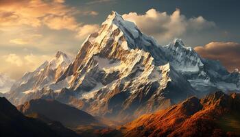 ai gegenereerd majestueus berg piek, natuur schoonheid, panoramisch zonsondergang, wandelen avontuur gegenereerd door ai foto