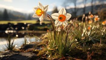 ai gegenereerd versheid van zomer weide geel madeliefje bloesems in groen gras gegenereerd door ai foto