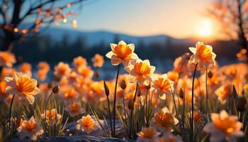 ai gegenereerd zonsondergang weide, levendig bloemen bloeien, natuur schoonheid in vol Scherm gegenereerd door ai foto