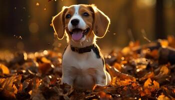 ai gegenereerd schattig puppy zittend in natuur, spelen met geel bladeren gegenereerd door ai foto