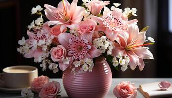 ai gegenereerd een vers boeket van roze bloemen siert de binnen- tafel gegenereerd door ai foto