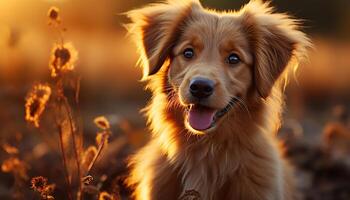 ai gegenereerd schattig puppy zittend in gras, op zoek Bij camera, speels gegenereerd door ai foto