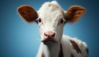 ai gegenereerd schattig koe begrazing in groen weiland, op zoek Bij camera gegenereerd door ai foto