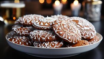 ai gegenereerd vers gebakken chocola spaander koekjes Aan een houten tafel gegenereerd door ai foto