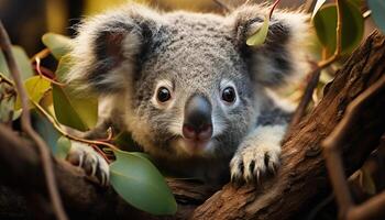 ai gegenereerd schattig koala zittend Aan boom tak, op zoek Bij camera gegenereerd door ai foto