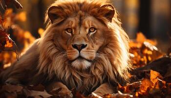 ai gegenereerd majestueus leeuw schuilplaats in gras, op zoek Bij camera, herfst schoonheid gegenereerd door ai foto