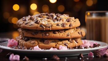 ai gegenereerd vers gebakken eigengemaakt chocola spaander koekjes Aan een rustiek houten tafel gegenereerd door ai foto