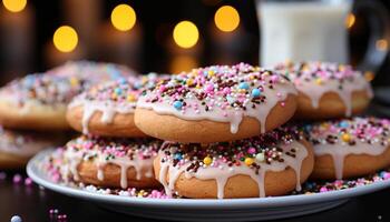 ai gegenereerd eigengemaakt toetje zoet, chocola koekje met kleurrijk decoratie gegenereerd door ai foto