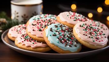 ai gegenereerd eigengemaakt fijnproever koekjes, versierd met glazuur, Aan houten tafel gegenereerd door ai foto