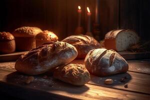 ai gegenereerd brood staand Aan houten teller foto