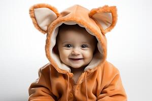 ai gegenereerd portret van een baby kind vervelend een vos kostuum Aan geïsoleerd achtergrond foto