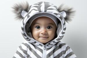 ai gegenereerd portret van een baby kind vervelend een zebra kostuum Aan geïsoleerd achtergrond foto