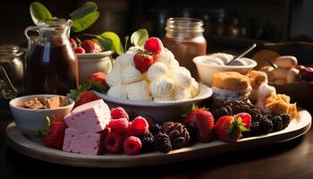 ai gegenereerd vers fruit toetje Aan houten bord gezond, eigengemaakt toegeeflijkheid gegenereerd door ai foto