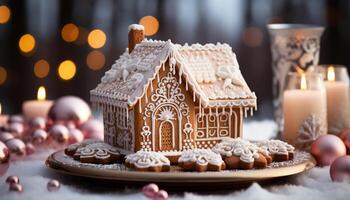 ai gegenereerd eigengemaakt peperkoek huis, versierd met suikerglazuur en snoep, Aan hout tafel gegenereerd door ai foto