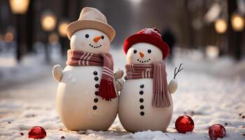 ai gegenereerd winter viering sneeuwman glimlacht, vrolijk sneeuwvlok decoratie, buitenshuis familie pret gegenereerd door ai foto