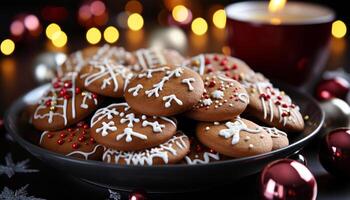 ai gegenereerd eigengemaakt chocola sneeuwvlok zandkoekjes Aan feestelijk Kerstmis bord gegenereerd door ai foto