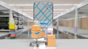 de boodschappen doen trolley en mobiel telefoon voor online markt concept 3d weergave. foto