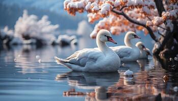 ai gegenereerd zwaan glijdt Aan water, reflecterend elegantie en schoonheid in natuur gegenereerd door ai foto