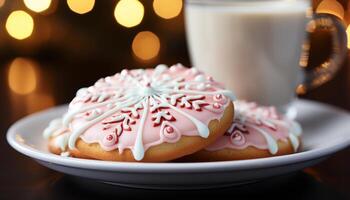 ai gegenereerd eigengemaakt zandkoekjes koekje, versierd met sneeuwvlok, Aan feestelijk tafel gegenereerd door ai foto