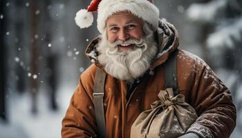 ai gegenereerd glimlachen senior Mens wandelen in winter Woud, draag- geschenk zak gegenereerd door ai foto