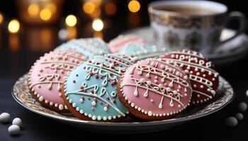 ai gegenereerd eigengemaakt toetje zoet, chocola koekje met fijnproever decoratie gegenereerd door ai foto