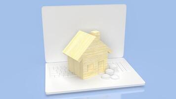 de hout huis Aan laptop voor eigendom of echt landgoed concept 3d weergave. foto