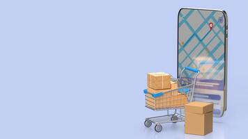 de boodschappen doen trolley en mobiel telefoon voor online markt concept 3d weergave. foto