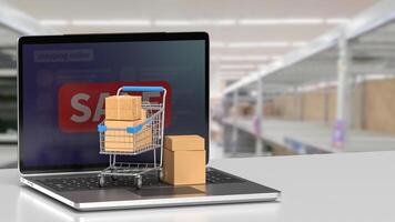 de boodschappen doen trolley en notitieboekje voor online markt concept 3d weergave. foto