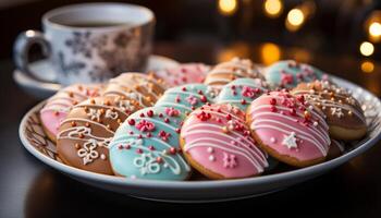 ai gegenereerd eigengemaakt fijnproever toetje chocola donut met roze suikerglazuur en hagelslag gegenereerd door ai foto