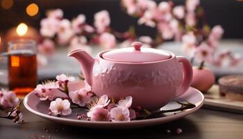 ai gegenereerd heet drankje, thee, bloem, versheid, nog steeds leven, roze kleur, natuur gegenereerd door ai foto