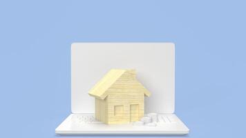 de hout huis Aan laptop voor eigendom of echt landgoed concept 3d weergave. foto
