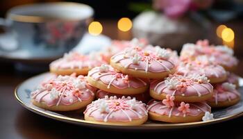 ai gegenereerd vers gebakken eigengemaakt koekjes Aan een roze tafel decoratie gegenereerd door ai foto