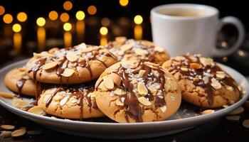 ai gegenereerd eigengemaakt chocola spaander koekjes Aan rustiek houten tafel gegenereerd door ai foto