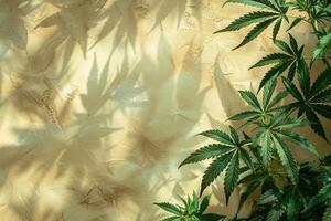 ai gegenereerd groen marihuana bladeren gips een schaduw Aan de achtergrond van de zonovergoten muur met kopiëren ruimte foto