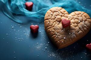 ai gegenereerd koekje liefde hart vormig traktatie met suikerglazuur Aan een donker blauw achtergrond foto