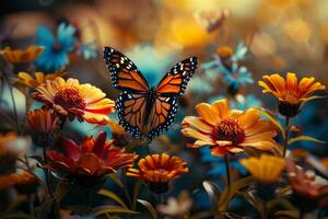 ai gegenereerd een symfonie van kleuren vlinders fladderend in de omgeving van verbijsterend, bloeiende bloemen foto