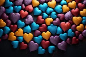 ai gegenereerd romantisch structuur kleurrijk hart vormig voorwerpen omringen een donker getextureerde oppervlakte foto