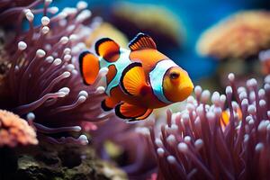 ai gegenereerd onderwater- magie clown vis onderzoeken een levendig, kleurrijk koraal rif foto