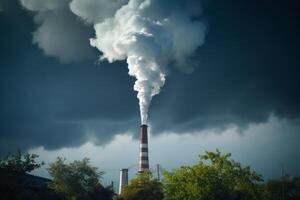 ai gegenereerd verontreiniging realiteit hoog schoorsteen vervuilt lucht met water damp en rook foto