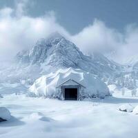 ai gegenereerd noodgeval gereedheid sneeuw gedekt alpine schuilplaats, achtergrond met tekst ruimte voor sociaal media post grootte foto