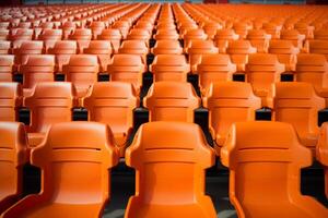 ai gegenereerd voetbal verwachting leeg oranje stoelen wachten fans Bij stadion rijen foto