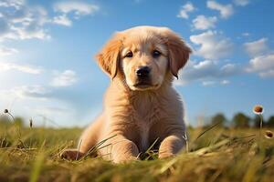 ai gegenereerd aanbiddelijk tafereel gouden retriever puppy zit Aan weelderig gras, staren foto