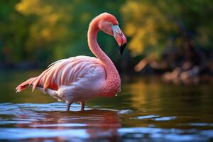 ai gegenereerd flamingo kalmte roze flamingo in een dichtbij omhoog water tafereel foto