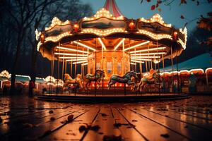 ai gegenereerd carrousel magie na donker mensen genieten een feestelijk vrolijk Gaan ronde foto