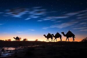 ai gegenereerd woestijn mystiek kamelen in silhouet tegen een starlit avond lucht foto