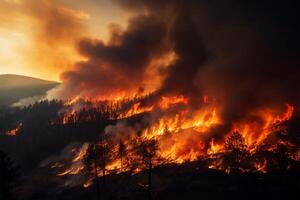 ai gegenereerd wildvuur drama bergen verbruikt door vlammen in een dag inferno foto