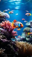 ai gegenereerd oceanisch schoonheid vis, rif, en natuur in een tropisch onderwater- instelling verticaal mobiel behang foto