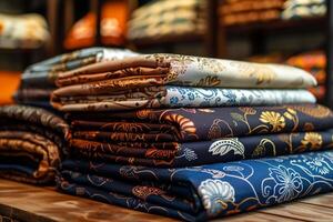 ai gegenereerd bewerkte elegantie batik kleding stof wordt weergegeven hand- getrokken patronen presentatie van vakmanschap foto