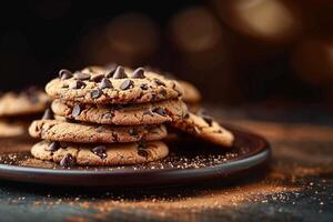 ai gegenereerd toegeeflijk traktatie heerlijk chocola spaander koekjes tegen donker backdrop foto